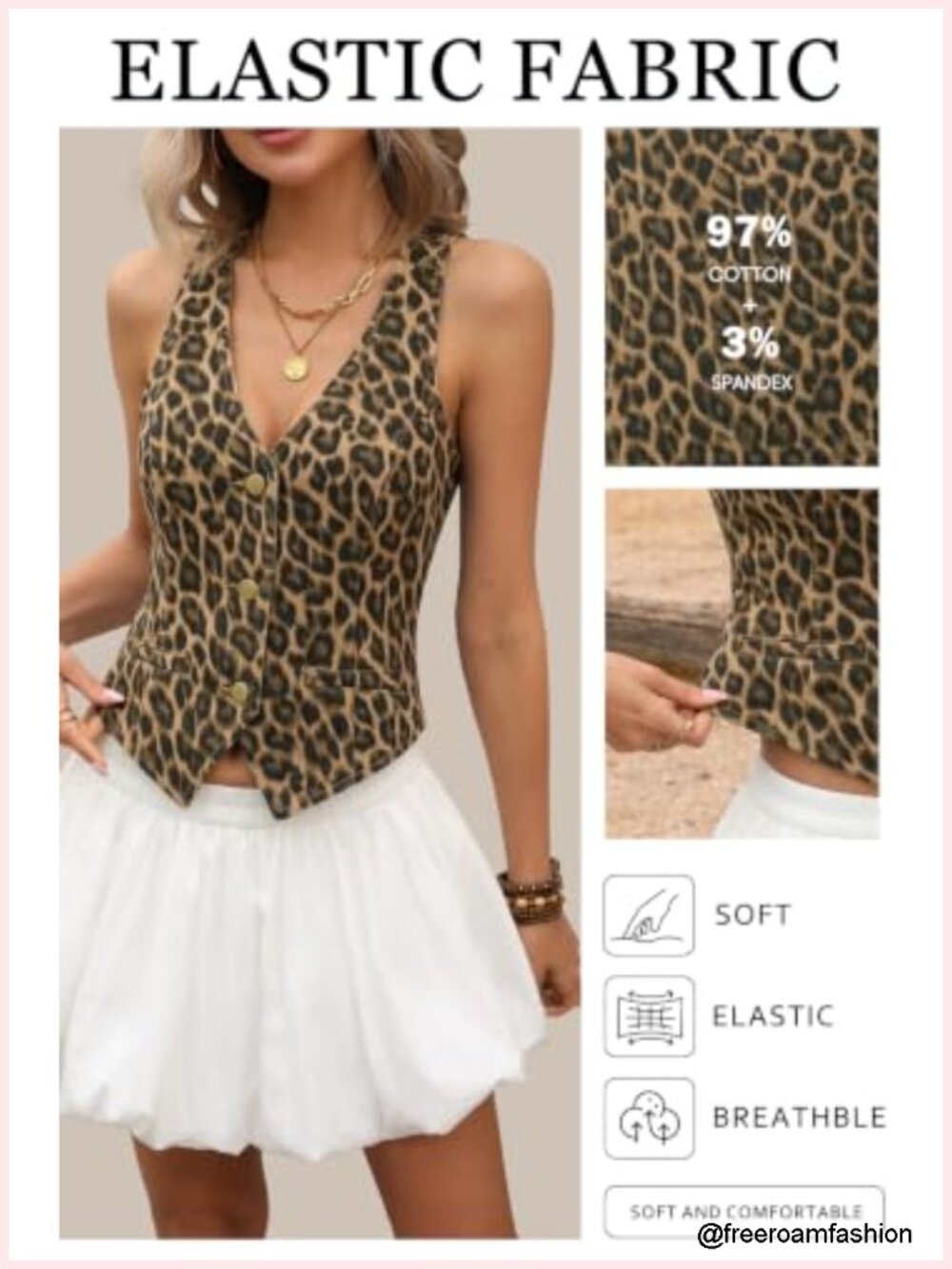 Cropped Denim Vest, High Stretch V-Neck, Button Front, Sleeveless Vest Top - Picture 3 of 6
